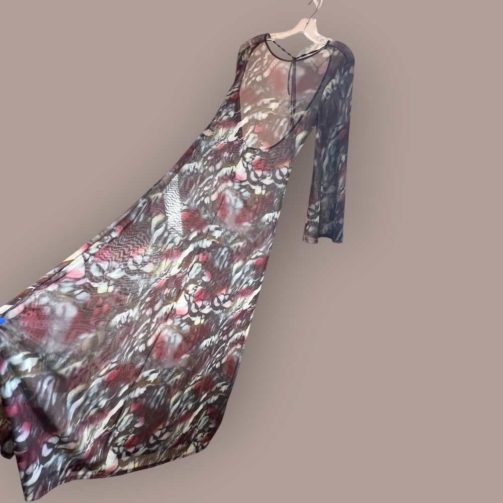 Sheer Mesh Abstract Print Maxi Dress Open Back Tie Neck Bell Sleeve Boho Y2K M/L - Picture 9 of 16
